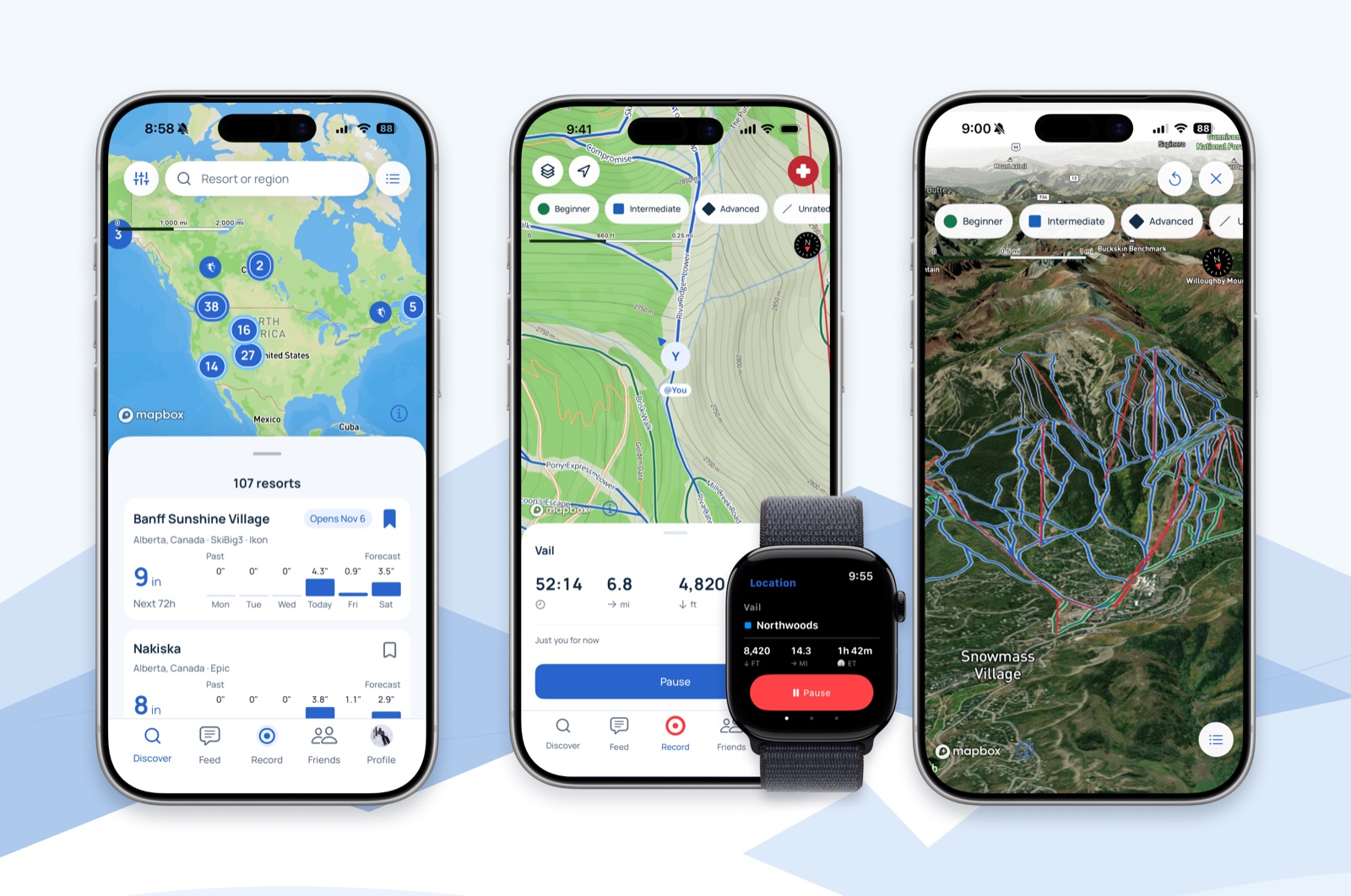 Snowpack shown across three iPhones with resort discovery, run tracking, and 3D trail maps