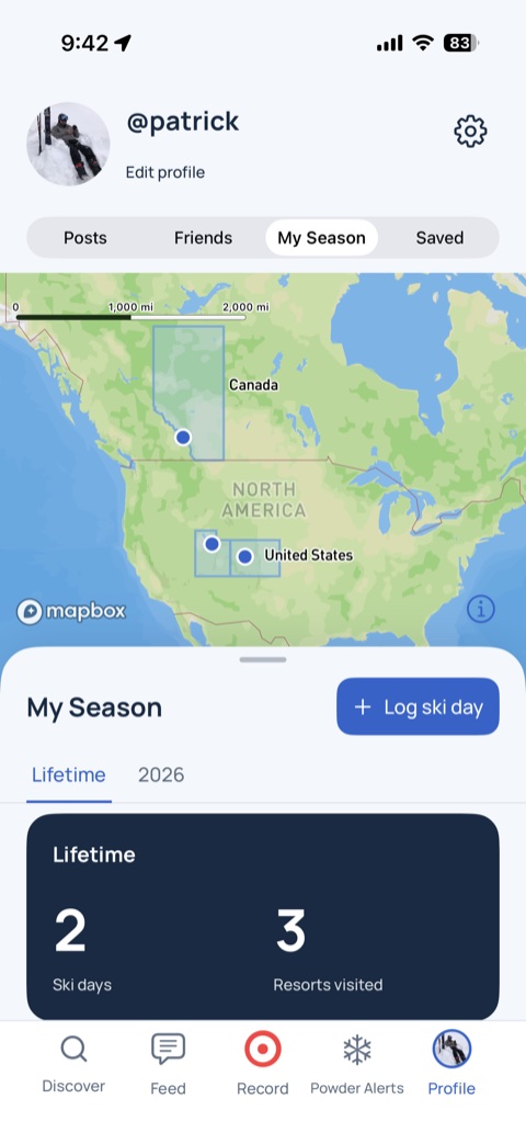 Snowpack season statistics and resort map